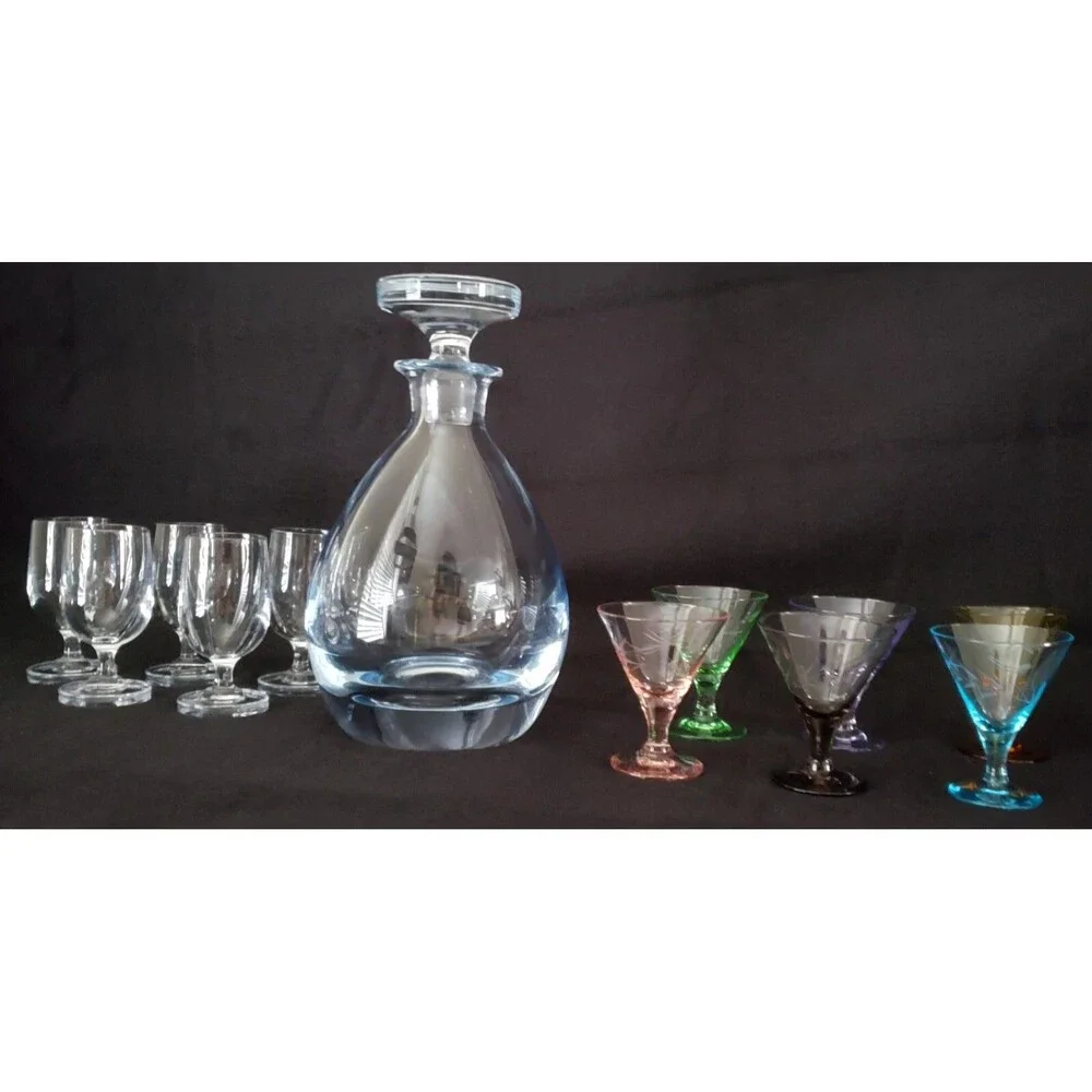 Vintage SIGNED Strombergshyttan Swedish Decanter w/Stopper & 11 Cordials